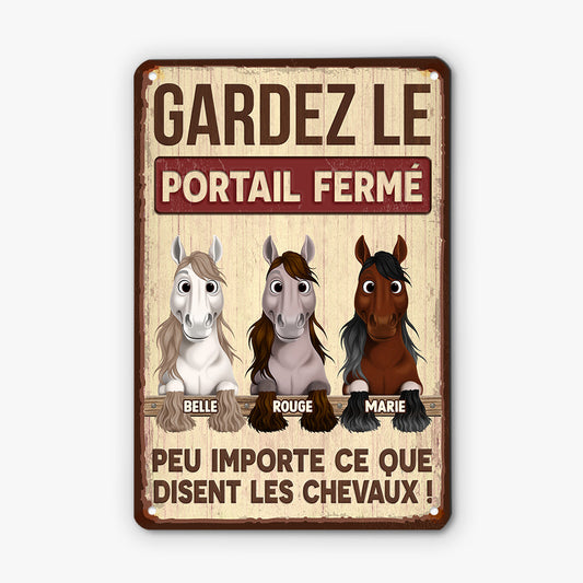 5308EFR1 plaque en metal personnalisee avec cheval gardez le portail ferme 5308e3vmu