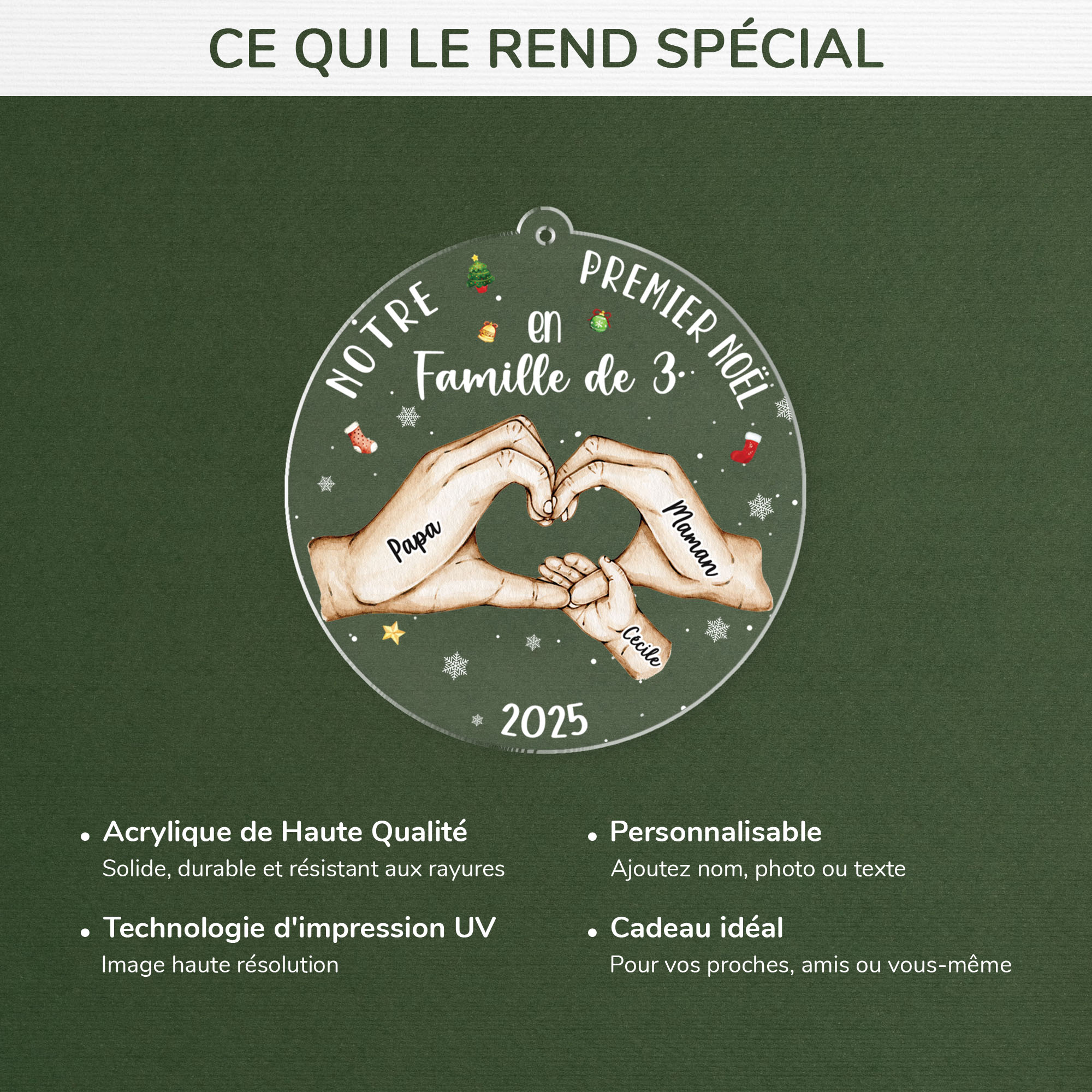 5403OFR4 ornement acrylique personnalise notre premier noel en famille tenant les mains 5403o
