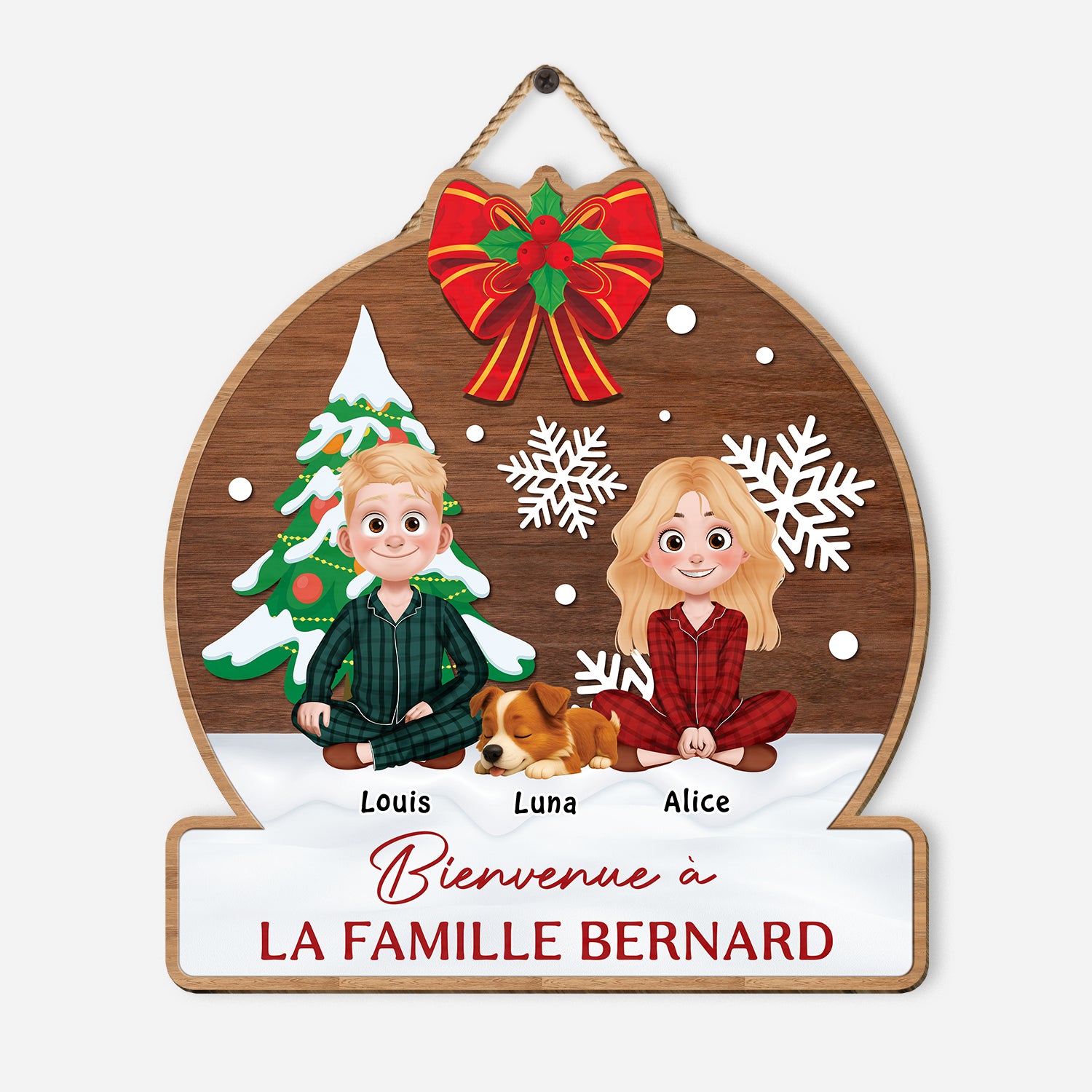 5409QFR1 plaque en bois personnalise couple avec chien bienvenue a notre famille 5409qkznc