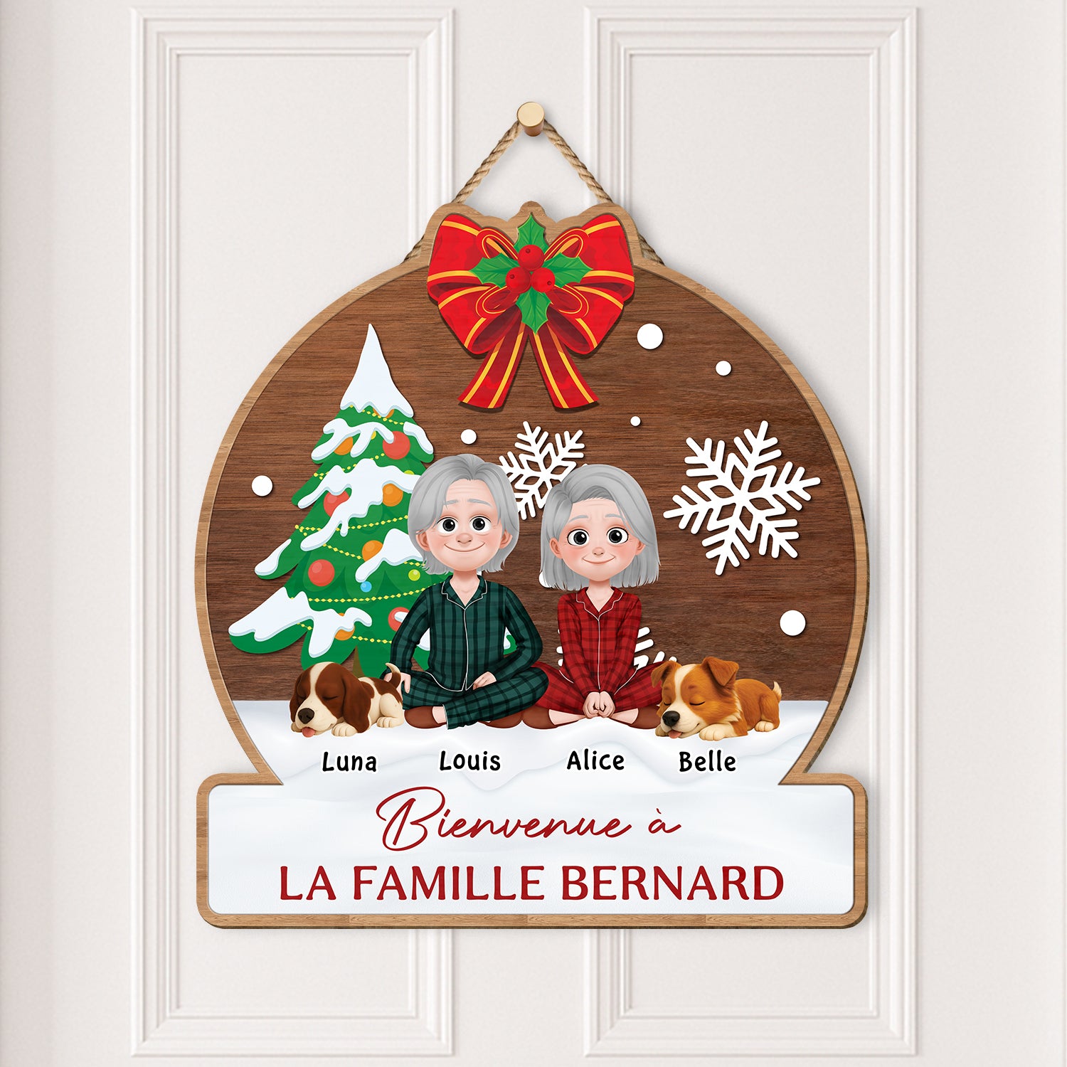 5409QFR2 plaque en bois personnalise couple avec chien bienvenue a notre famille 5409qkznc