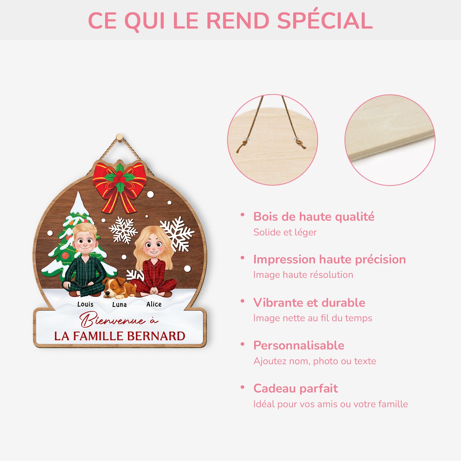 5409QFR4 plaque en bois personnalise couple avec chien bienvenue a notre famille 5409qkznc