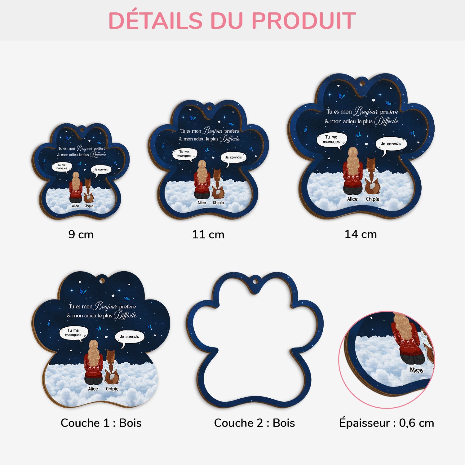 5471OFR3 ornement en bois a 2 couches chien commemoratif personnalise bonjour prefere adieu le plus difficile 5471o3ymc