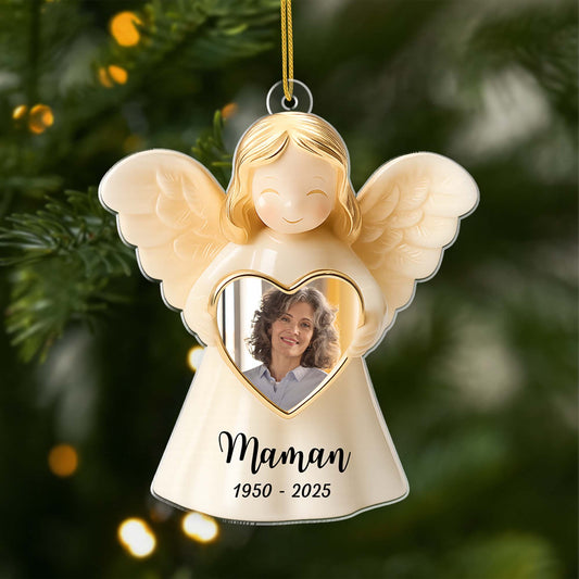 5489OFR1 ornement noel en acrylique maman commemoratif personnalise avec photo ange avec coeur 5489o6qna