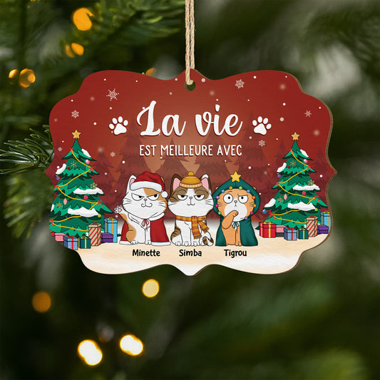 5511OFR1 ornement noel en bois a 2 couches personnalise la vie est meilleure avec un chat 5511otlmd