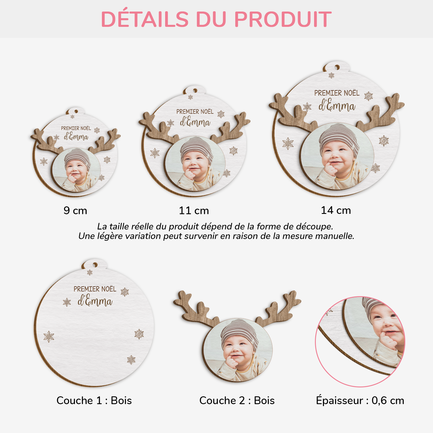 5518OFR3 ornement noel en bois a 2 couches personnalise avec photo mon premier noel bebe 5518okvck