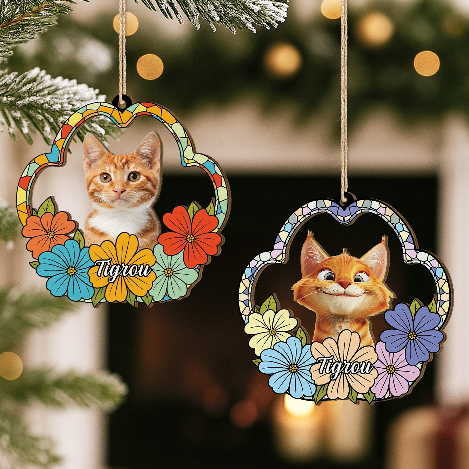 5542OFR2 ornement en bois a 1 couche personnalise portrait floral de mon chat 5542o8lmd