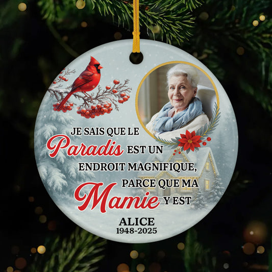 5607OFR1 ornement ceramique commemoratif personnalise avec photo le paradis est beau parce que ma mamie y est 5607okhma