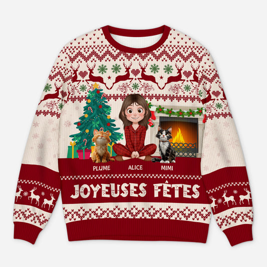 5644WFR1 pull moche chat de noel personnalise drole joyeuses fetes avec pattes 5644wtlnd