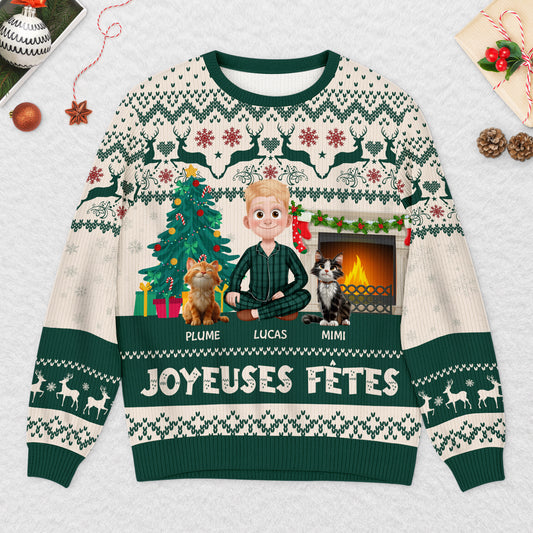 5644WFR2 pull moche chat de noel personnalise drole joyeuses fetes avec pattes 5644wtlnd