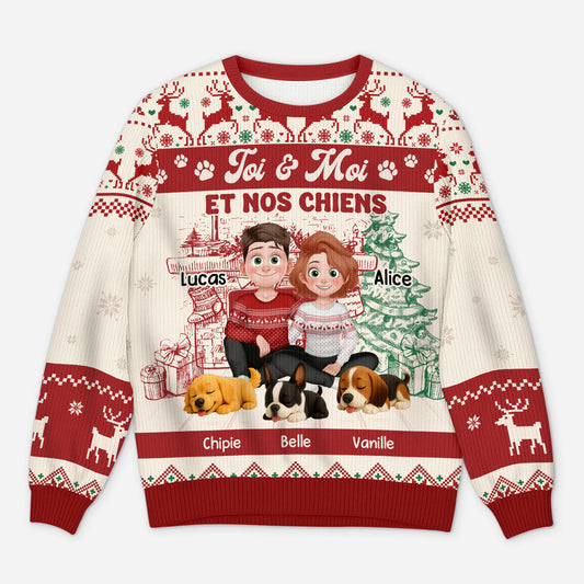 5646WFR1 pull moche de noel personnalise couple le couple et leur chien 5646wtmmc