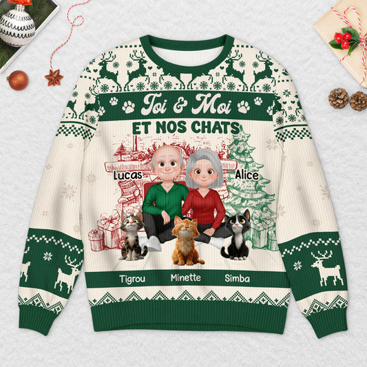 5646WFR2 pull moche de noel personnalise couple le couple et leur chat 5646wtmmd