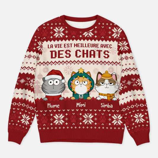 5652WFR1 pull moche de noel personnalise la vie est meilleure avec des chats 5652wkznd