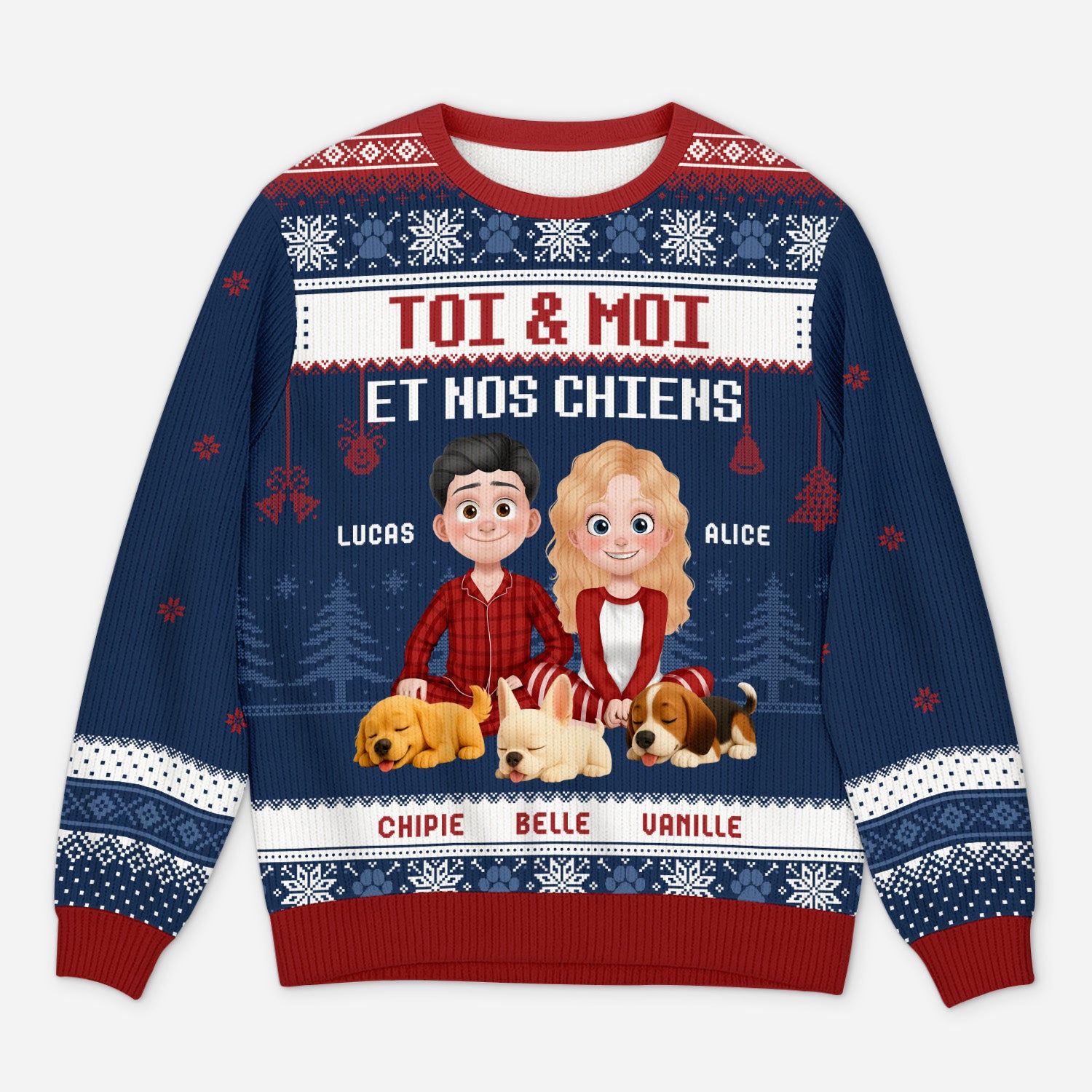 5658WFR1 pull moche de noel personnalise couple toi moi et notre chien version la nuit 5658w3qmc