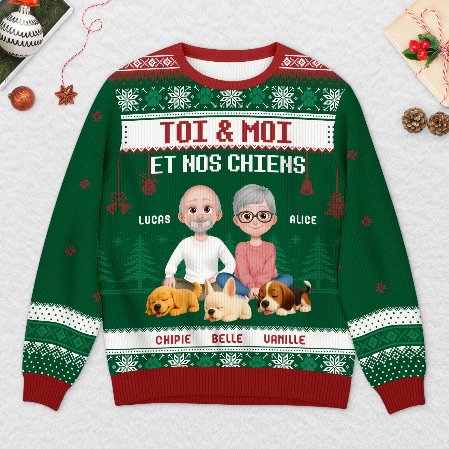 5658WFR2 pull moche de noel personnalise couple toi moi et notre chien version la nuit 5658w3qmc