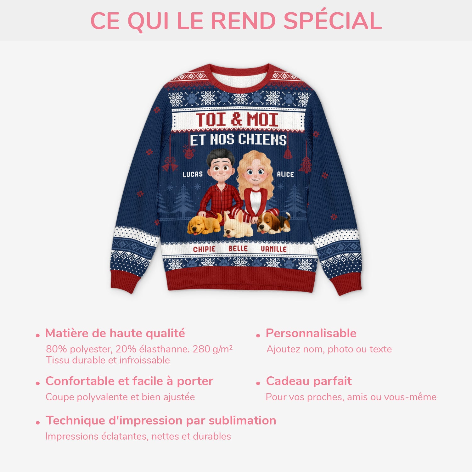 5658WFR5 pull moche de noel personnalise couple toi moi et notre chien version la nuit 5658w3qmc