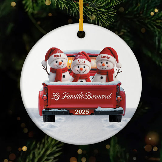 5659OFR1 ornement noel ceramique personnalise famille bonhomme de neige en voiture 5659otvzi