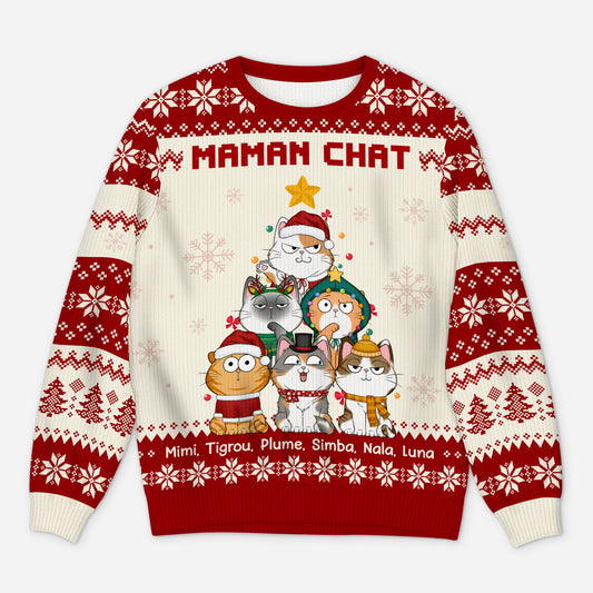 5664WFR1 pull moche chat de noel personnalise sapin maman chat 5664w6vtd