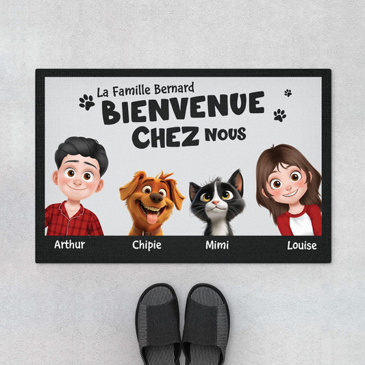 5680DFR1 paillasson personnalise famille avec chat et chien bienvenue chez nous version cartoon classique 5680d3vad