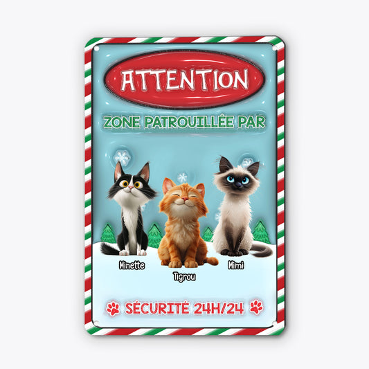 5681EFR2 plaque en metal personnalisee noel zone patrouillee avec chat 5681etyad