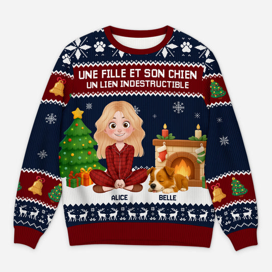 5706WFR1 pull moche de noel personnalise une fille et son chien 5706wtmzc