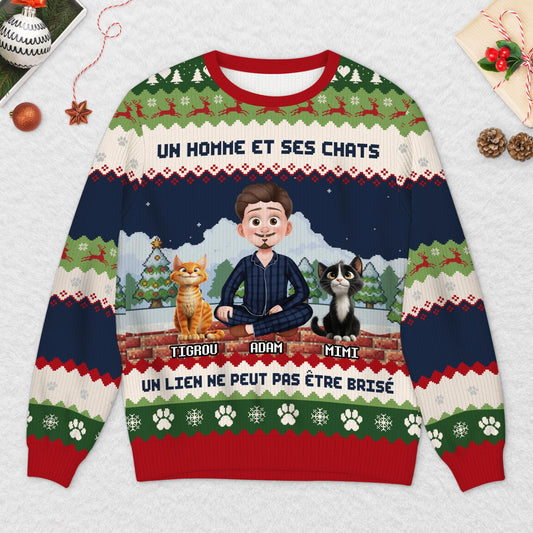 5709WFR2 pull moche de noel personnalise un homme et son chat 5709w8tad