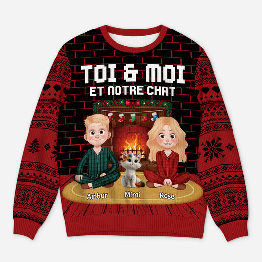 5715WFR1 pull moche de noel personnalise couple toi moi et notre chat 5715w6lmd