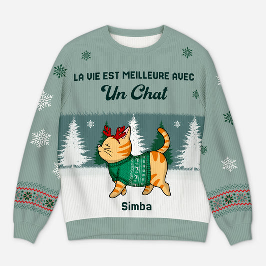 5729WFR1 pull moche de noel personnalise la vie est meilleure avec mon chat 5729wtzcd