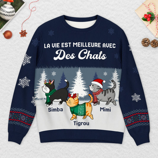 5729WFR2 pull moche de noel personnalise la vie est meilleure avec mon chat 5729wtzcd