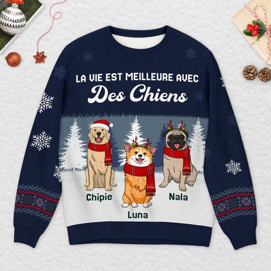 5729WFR2 pull moche de noel personnalise la vie est meilleure avec mon chien 5729wtzcc