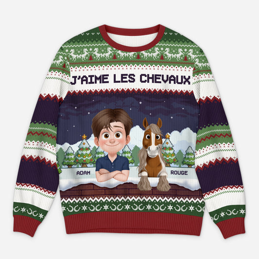 5742WFR1 pull moche de noel personnalise jaime les chevaux 5742w3fzu
