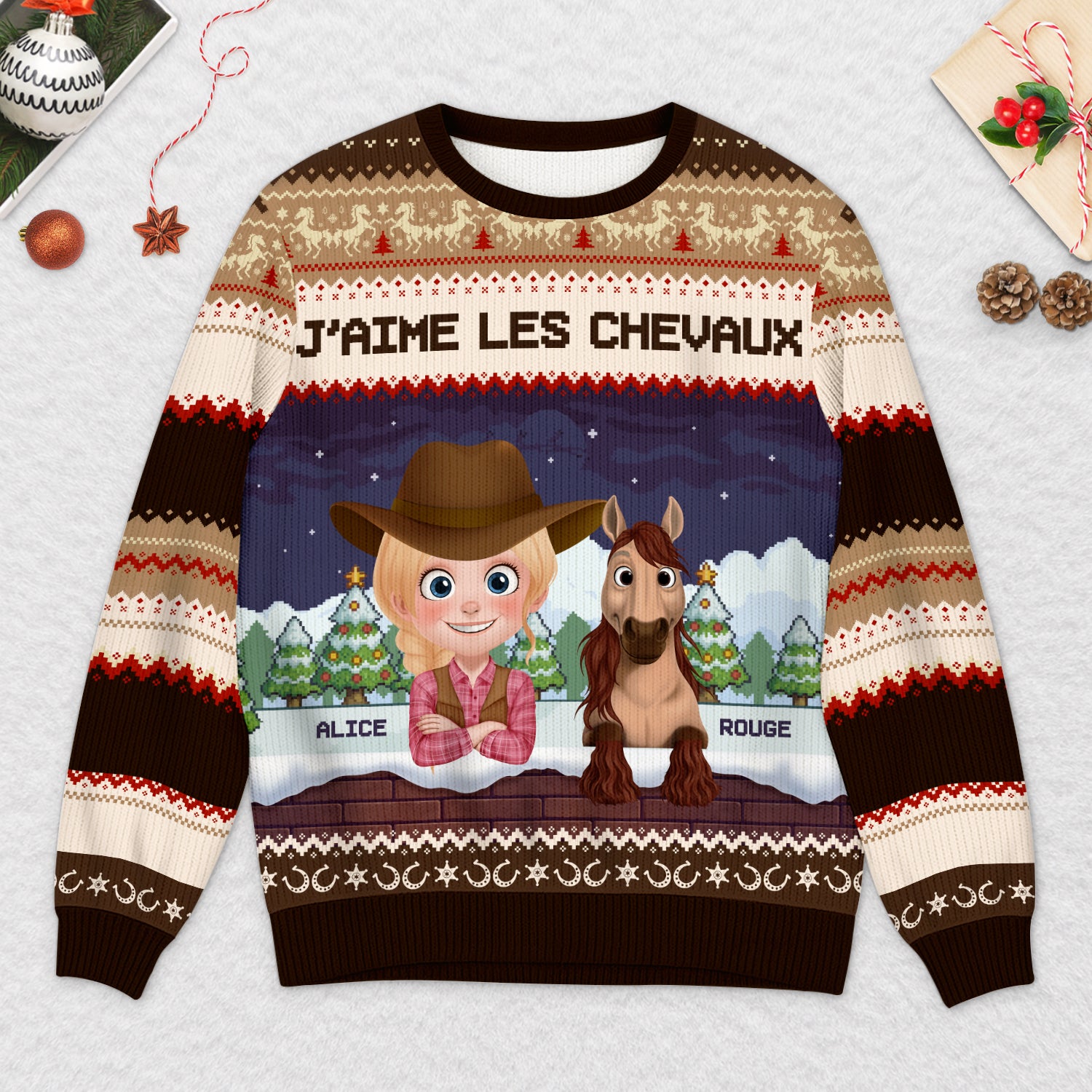 5742WFR2 pull moche de noel personnalise jaime les chevaux 5742w3fzu