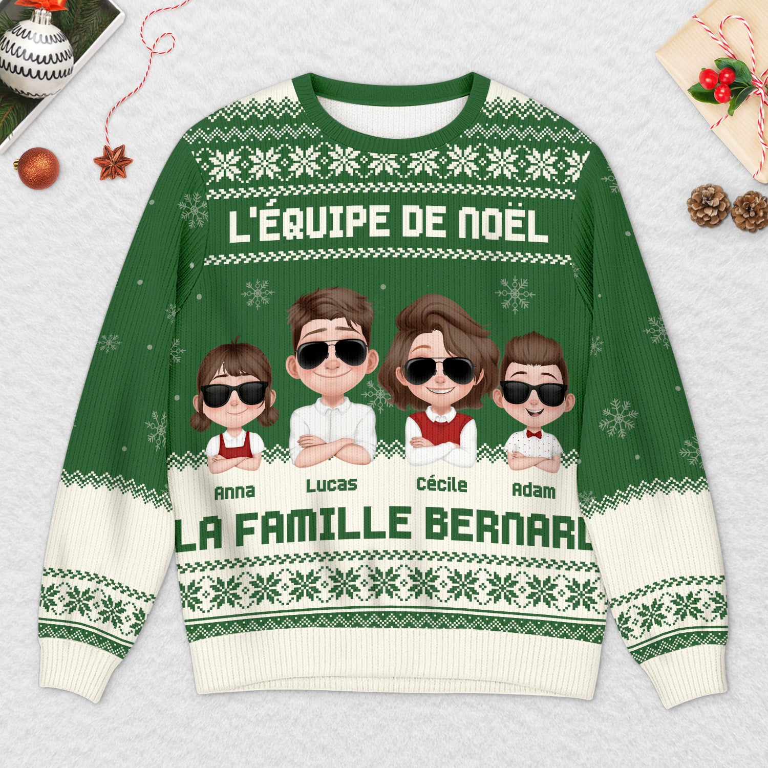 5753WFR2 pull moche personnalise famille notre bande de noel 5753w8kmi
