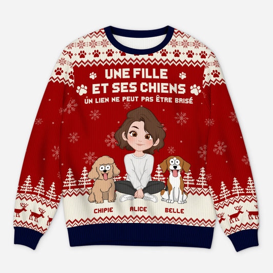 5763WFR1 pull moche de noel personnalise le lien entre une fille et son chien 5763w8vtc