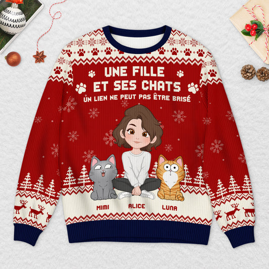 5763WFR2 pull moche de noel personnalise le lien entre une fille et son chat 5763w8wtd