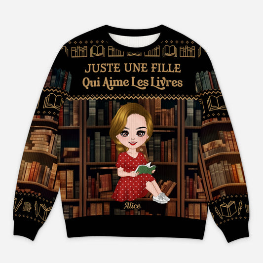 5814WFR1 pull moche de noel personnalise juste une fille qui aime les livres 5814wkmza