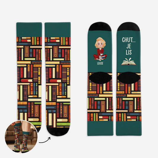 6030JFR1 chaussettes personnalisees chut une fille un garcon lit ses livres 6030j6q5a