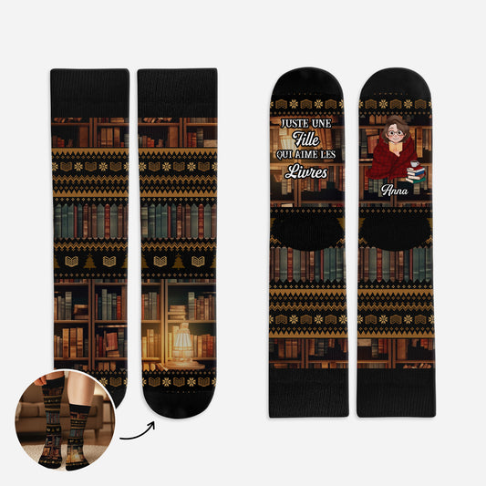 6051JFR1 chaussettes personnalisees pour femme et homme juste une fille qui aime les livres 6051jkvta