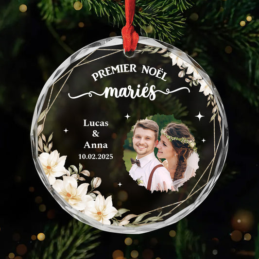 6066OFR1 ornement en verre personnalise couple avec photo premier noel maries 6066o