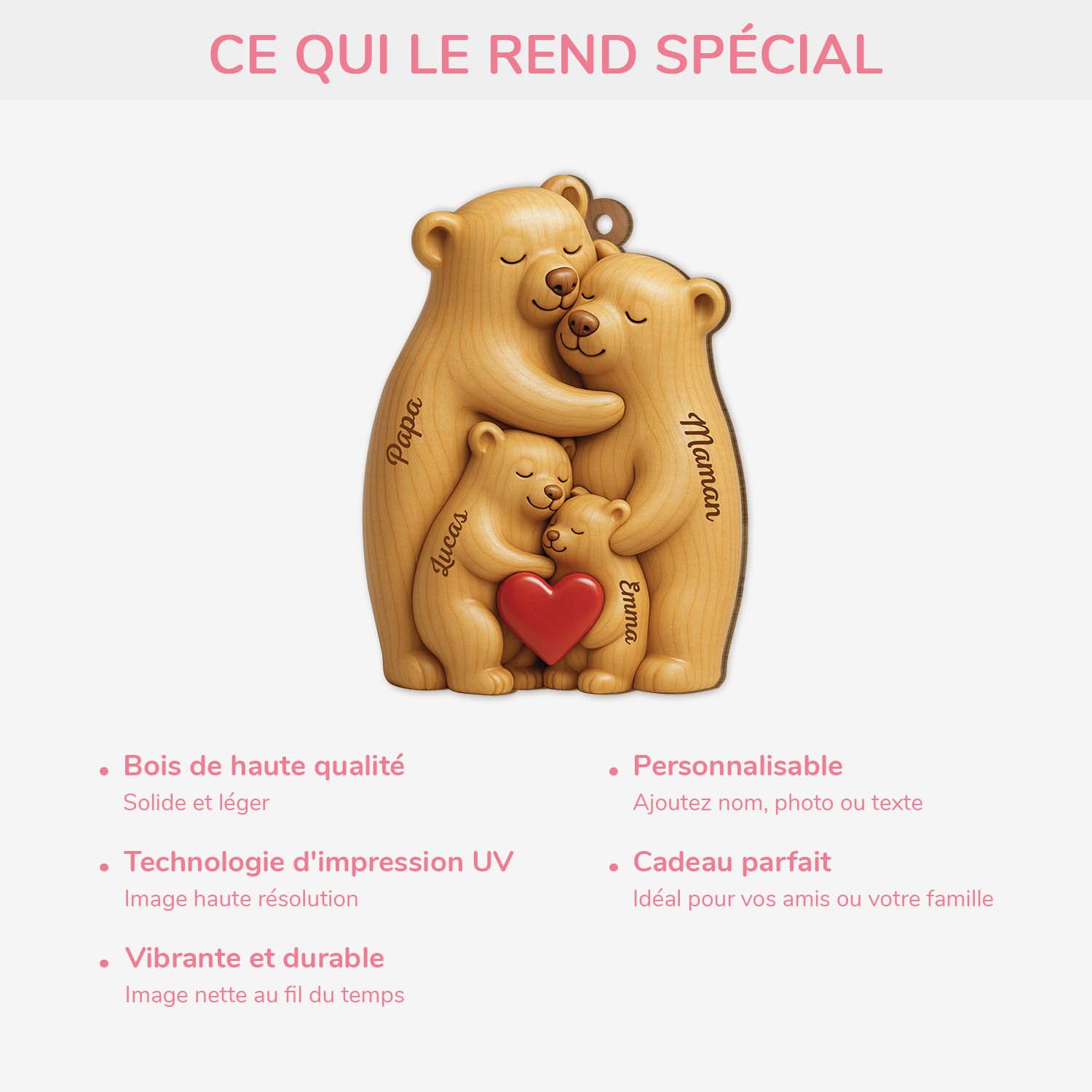 6147OFR4 effet dimpression 3d ornement noel en bois a 1 couche personnalise famille ours 6147o65ti