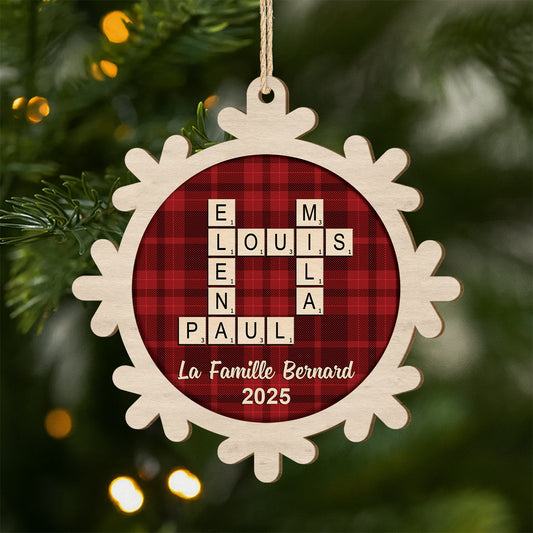 6159OFR1 ornement en bois a 1 couches personnalise famille flocon de neige avec mots croises 6159okvni