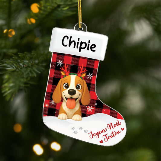 6193OFR1 ornement noel chaussette acrylique personnalise avec chien joyeux noel minou 6193ok6ac