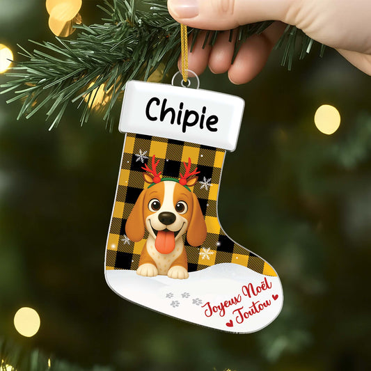 6193OFR1 ornement noel chaussette acrylique personnalise avec chien joyeux noel minou 6193ok6ac2