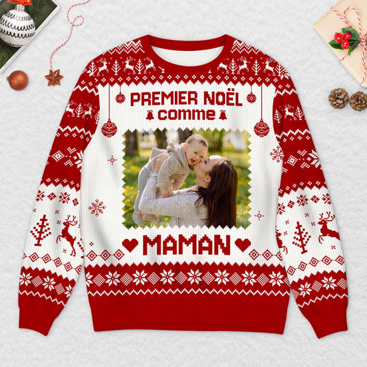 6307WFR2 pull moche de noel personnalise avec photo premier noel comme papa maman 6307wkhnb