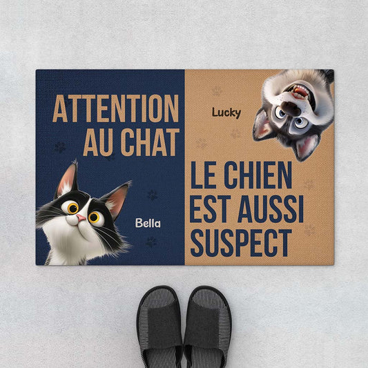 6354DFR1 paillasson personnalise chat avec chien attention au chat 6354d