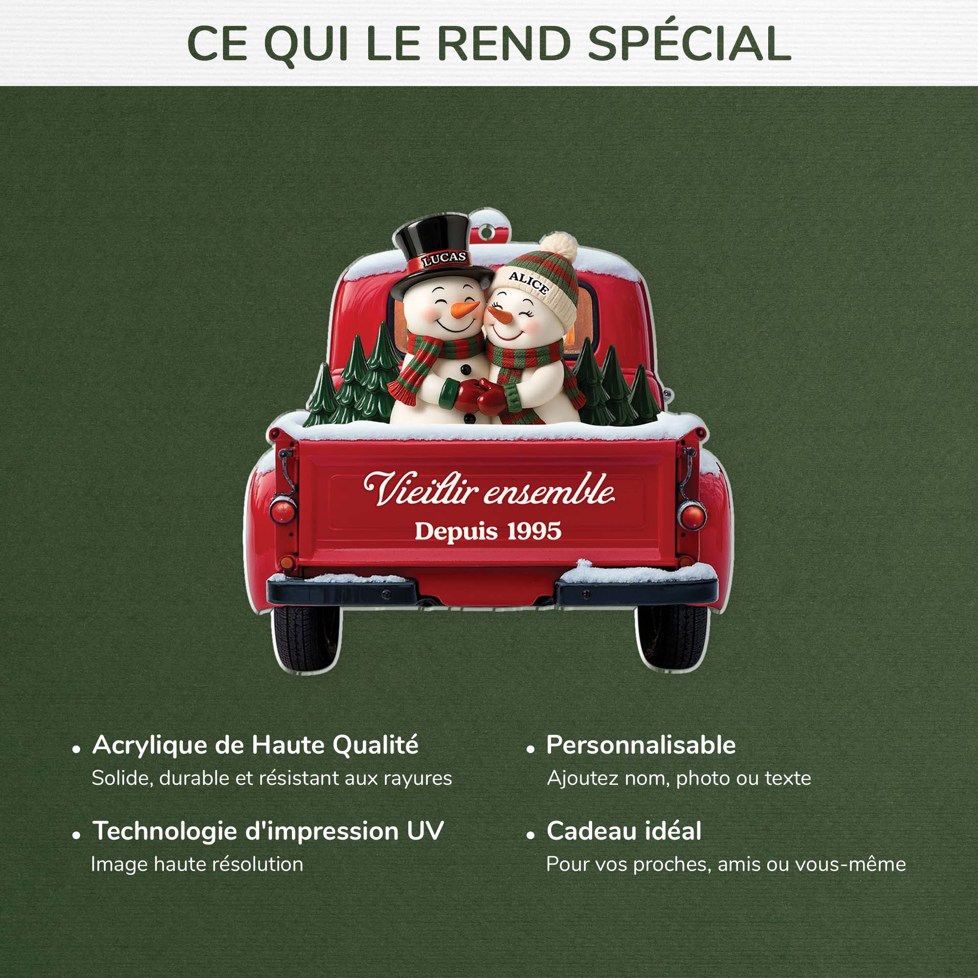 6447OFR4 effet dimpression 3d ornement acrylique personnalise couple bonhomme de neige et camion rouge 6447otq5g
