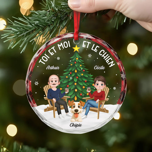 6458OFR2 ornement en verre personnalise couple toi moi et le chien avec sapin de noel 6458o3vmc