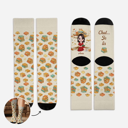 6485JFR1 chaussettes personnalisees pour fan de lecture chut je lis mes livres 6485j8vta