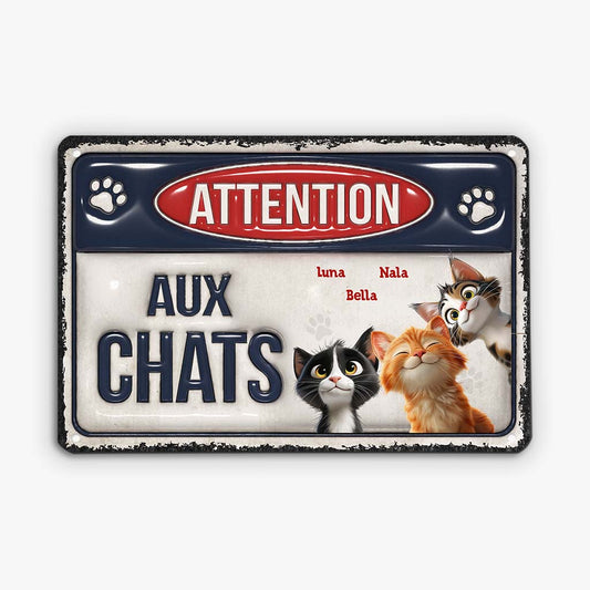 6499EFR2 effet dimpression 3d plaque metal personnalisee attention au chat 6499etvad