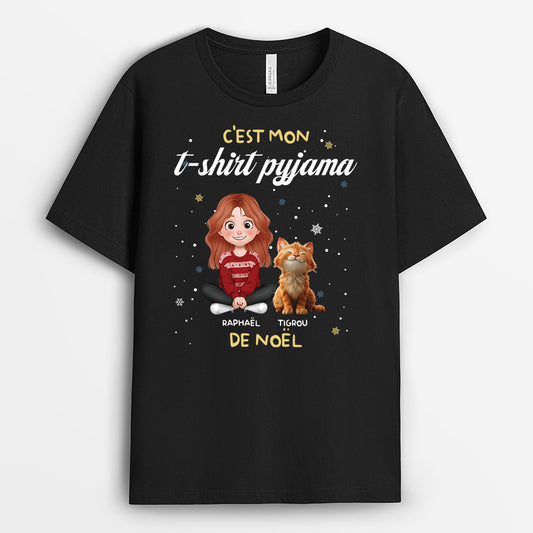 6529AFR2 t shirt personnalise t shirt pyjama de noel avec mon chat 6529attqd