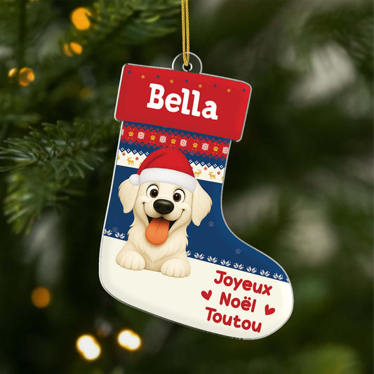 6573OFR1 ornement acrylique personnalise chaussette de noel chien joyeux ouafel 6573otqac